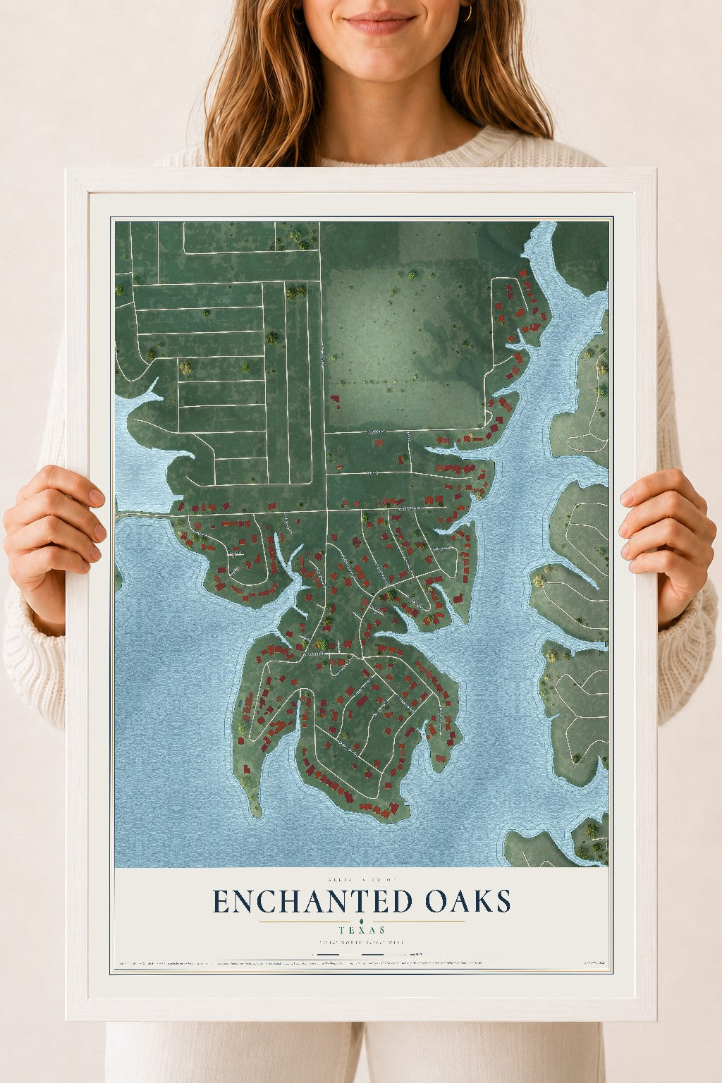 Map of Enchanted Oaks, Texas, 18 x 24 inch print in a white wood frame