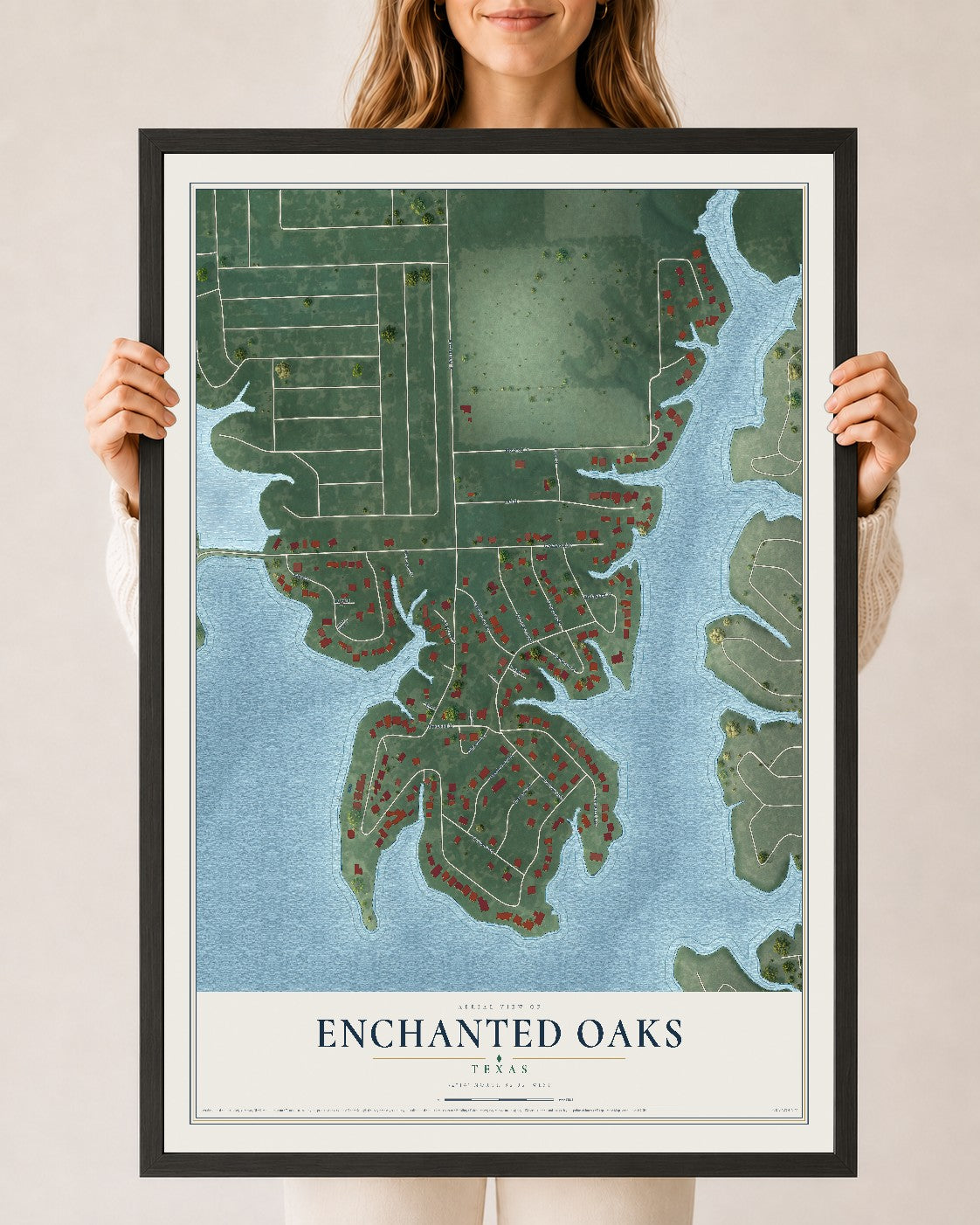 Map of Enchanted Oaks, Texas, 24 x 36 inch print in a black wood frame