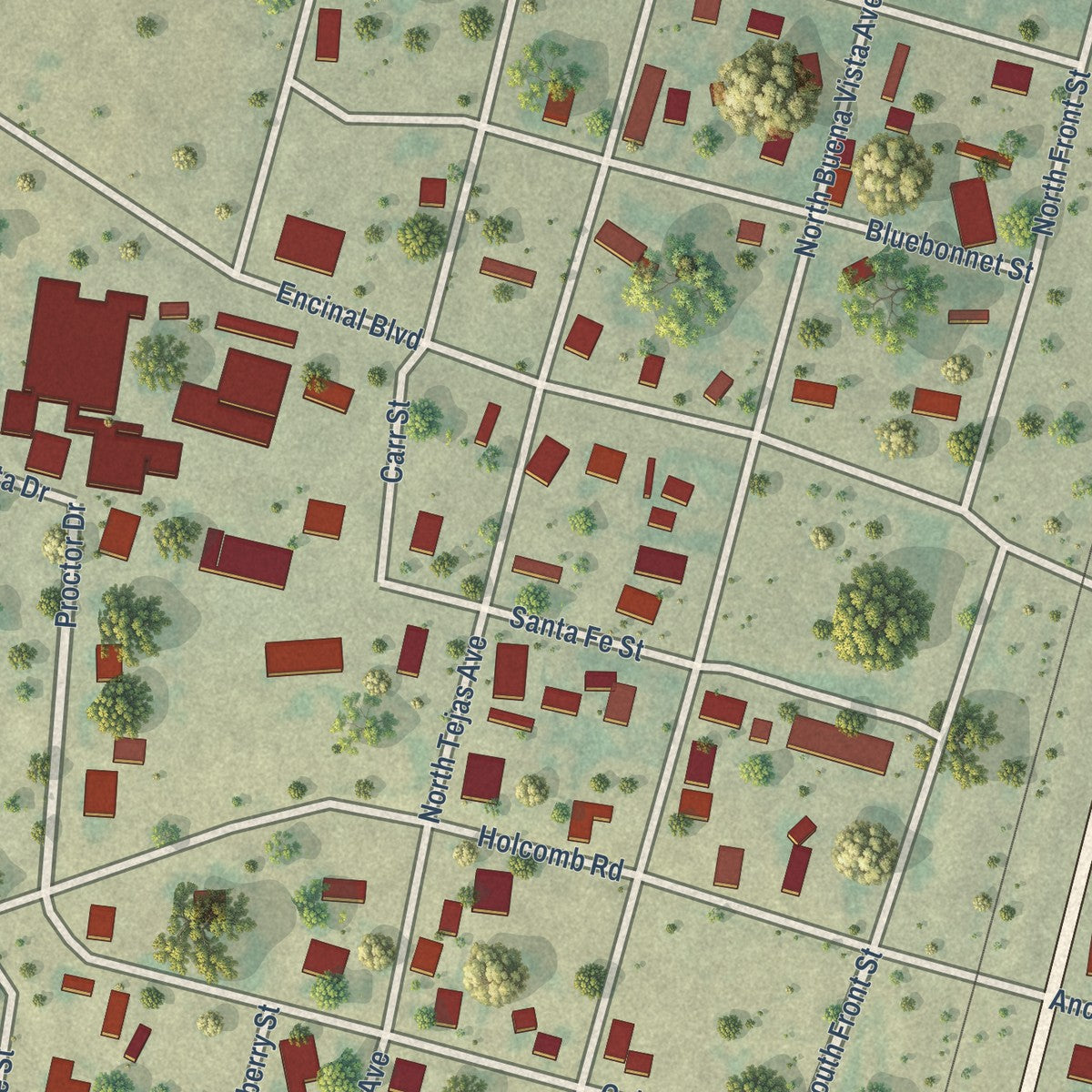 Close-up of the map of Encinal, Texas print showing street and building detail