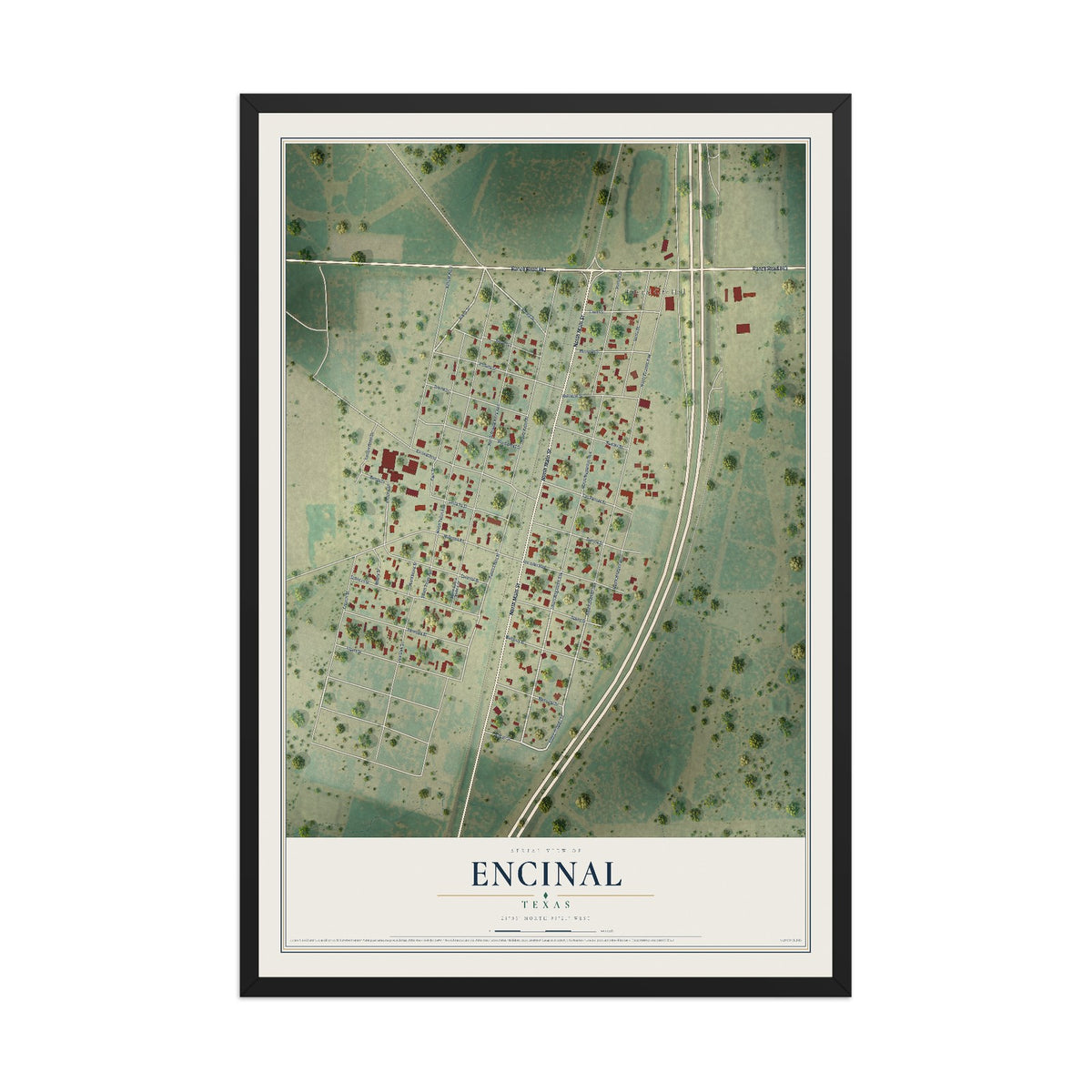 Map of Encinal, Texas, 12 x 18 inch print in a black wood frame