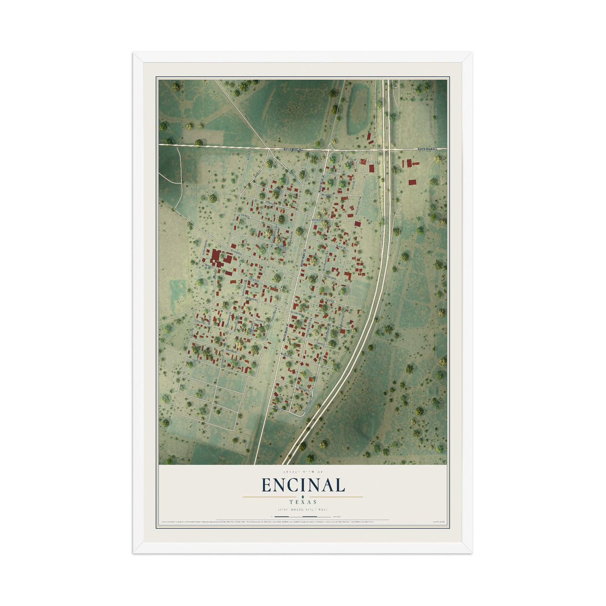 Map of Encinal, Texas, 12 x 18 inch print in a white wood frame