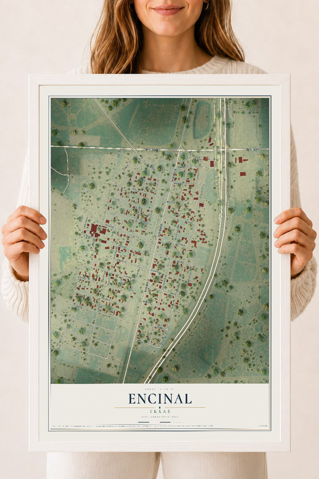 Map of Encinal, Texas, 18 x 24 inch print in a white wood frame