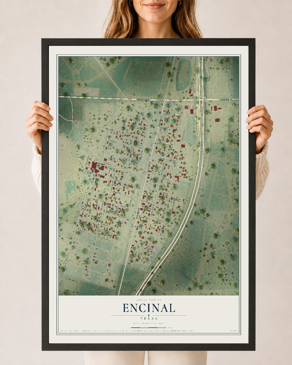Map of Encinal, Texas, 24 x 36 inch print in a black wood frame