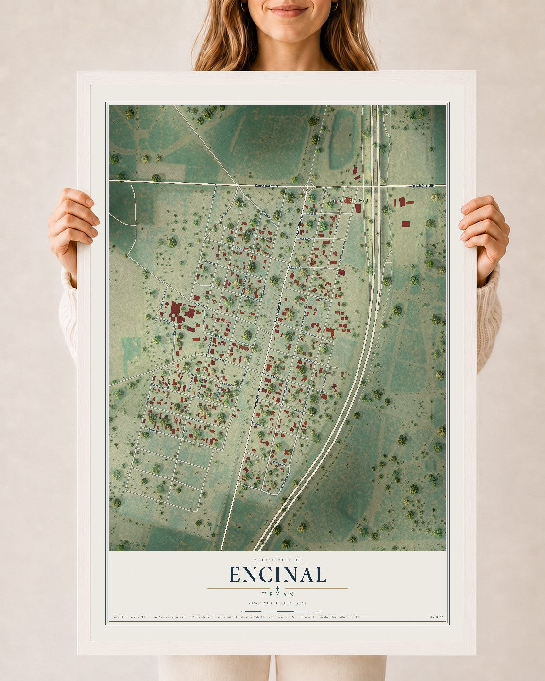 Map of Encinal, Texas, 24 x 36 inch print in a white wood frame