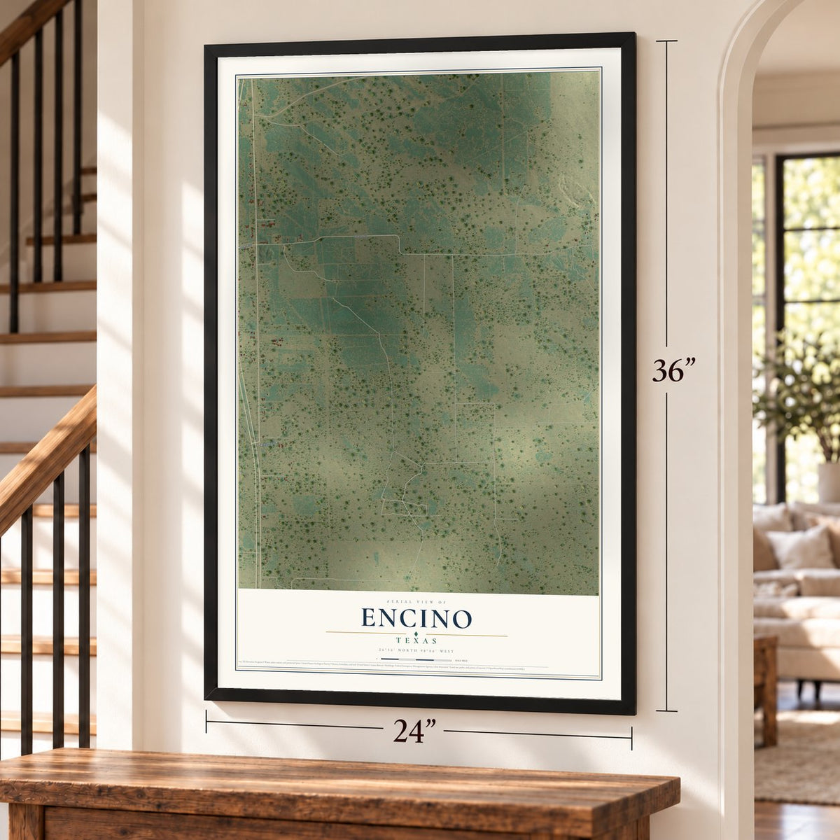 Encino, Texas map, 24 x 36 inch print in a black frame by a staircase