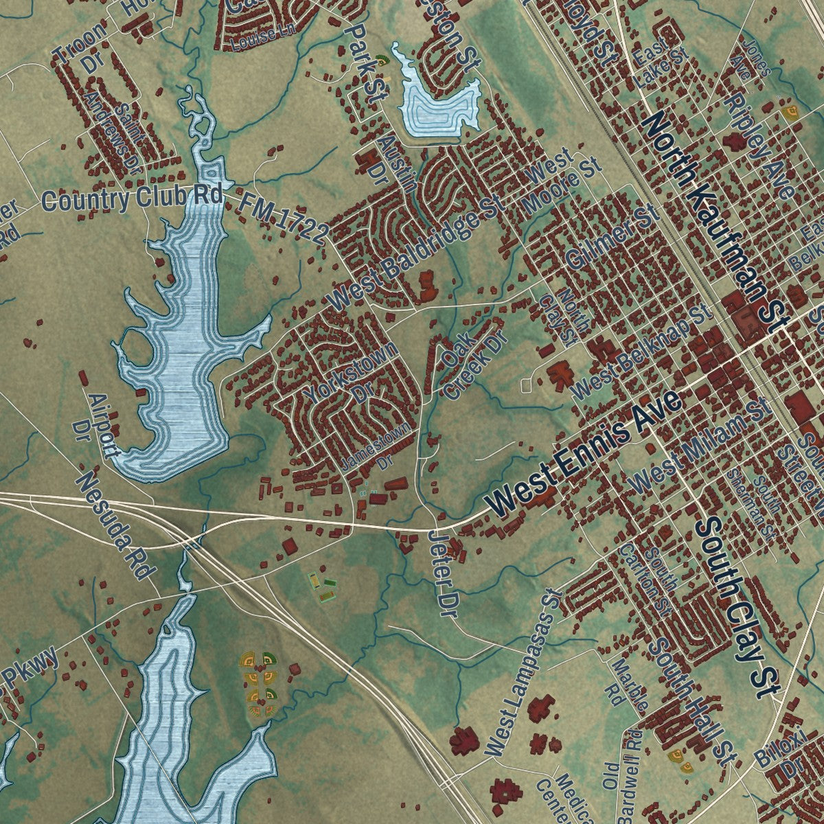 Close-up of the map of Ennis, Texas print showing street and building detail