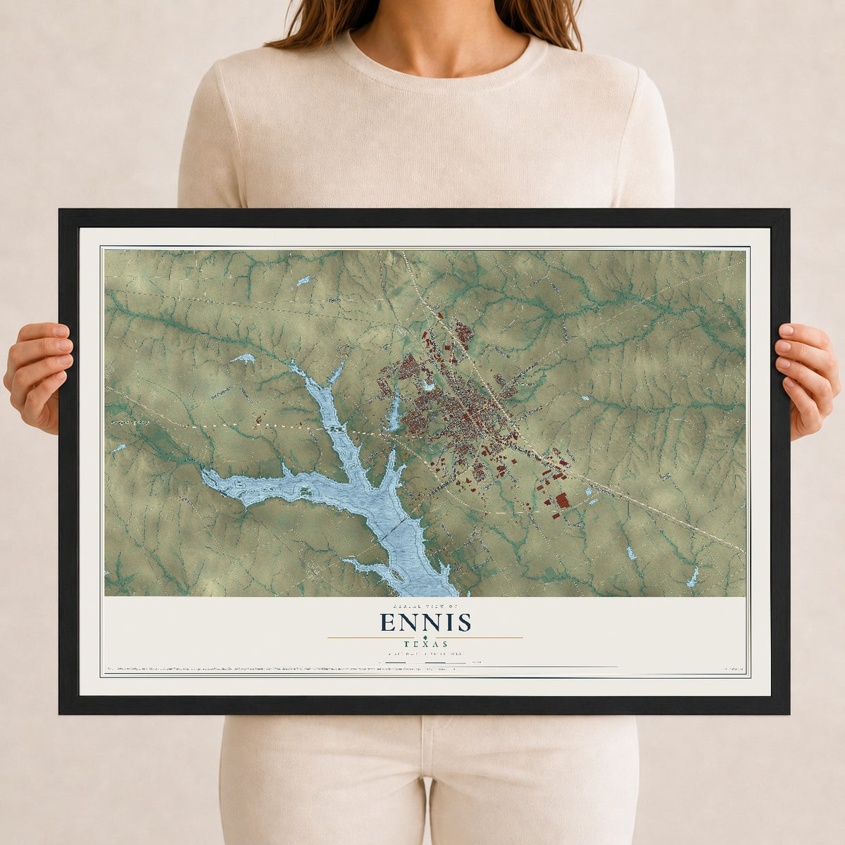 Map of Ennis, Texas, 12 x 18 inch print in a black wood frame