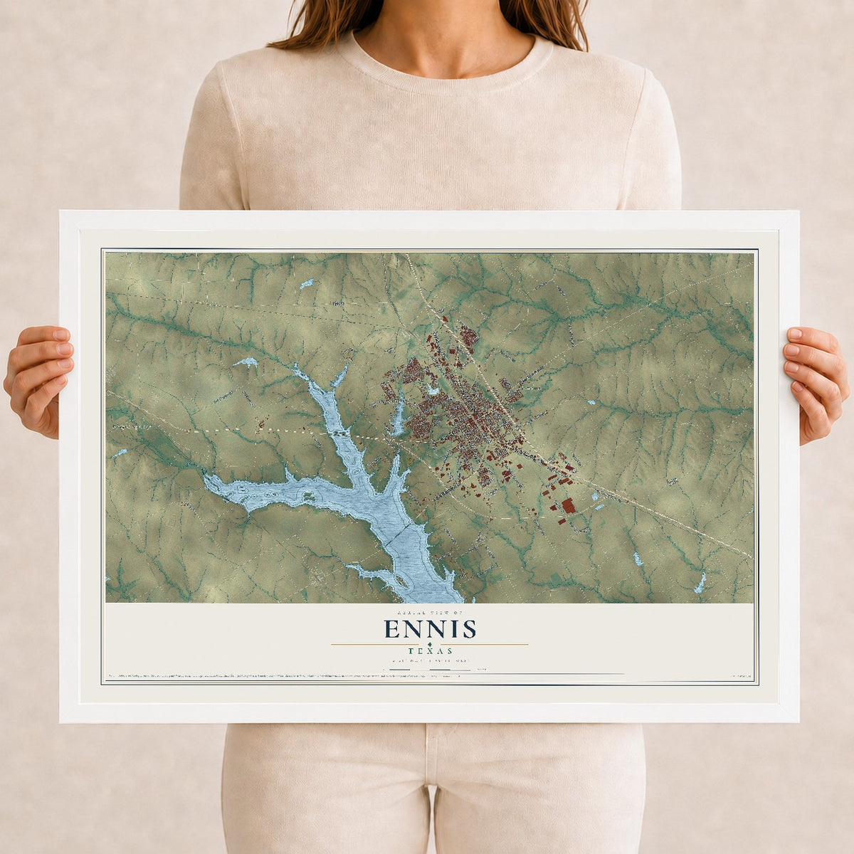 Map of Ennis, Texas, 12 x 18 inch print in a white wood frame