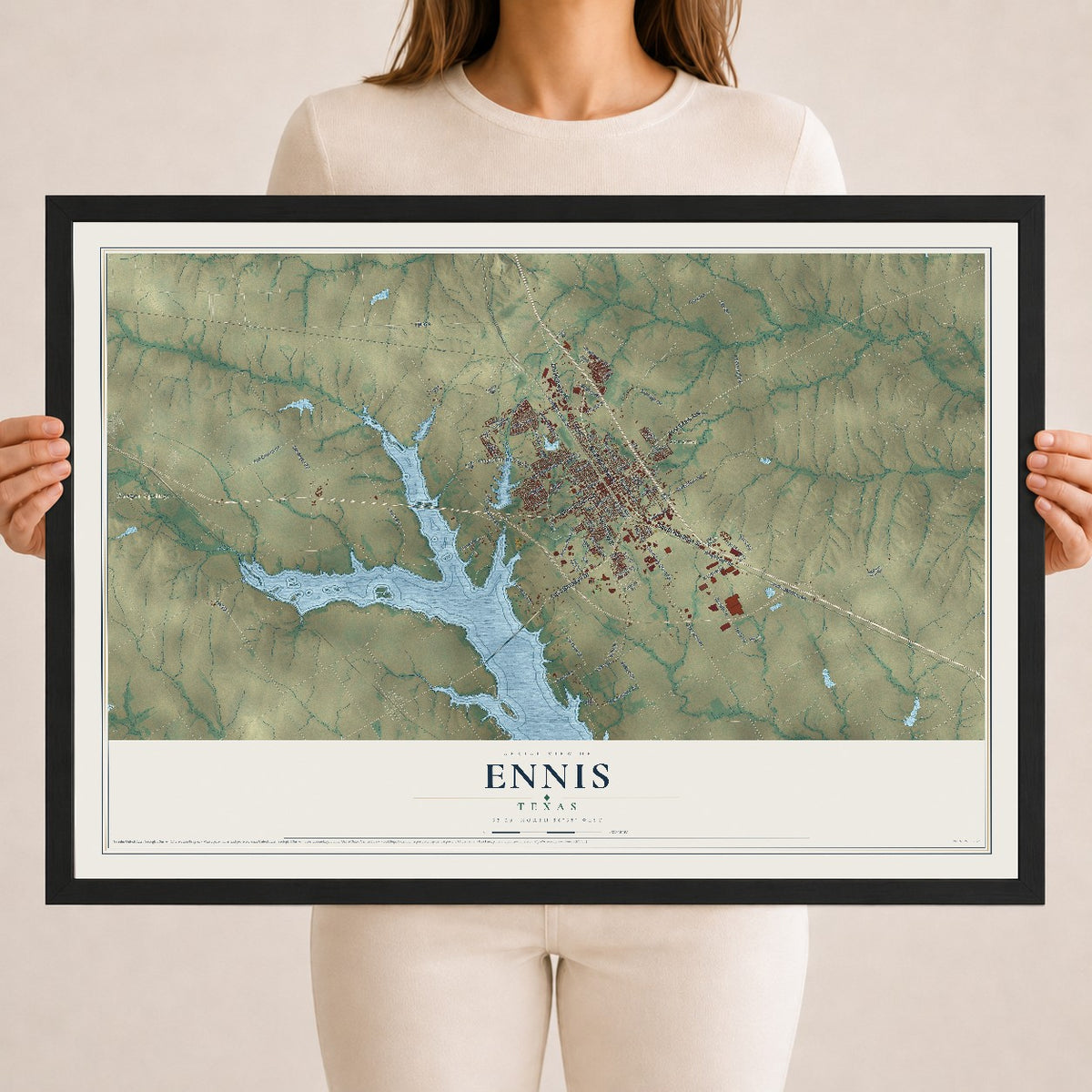 Map of Ennis, Texas, 18 x 24 inch print in a black wood frame