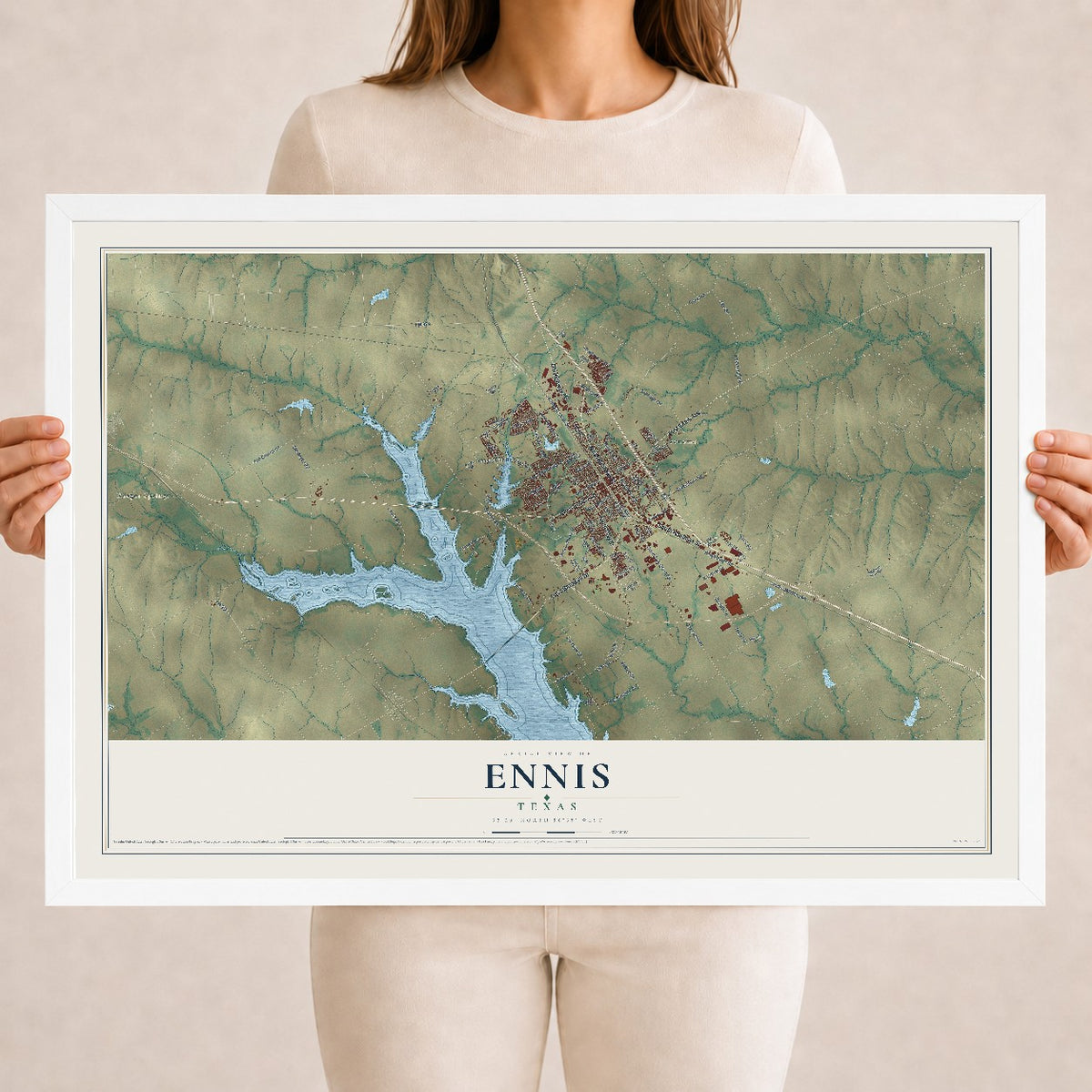 Map of Ennis, Texas, 18 x 24 inch print in a white wood frame