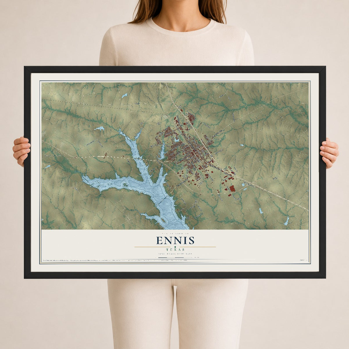 Map of Ennis, Texas, 24 x 36 inch print in a black wood frame