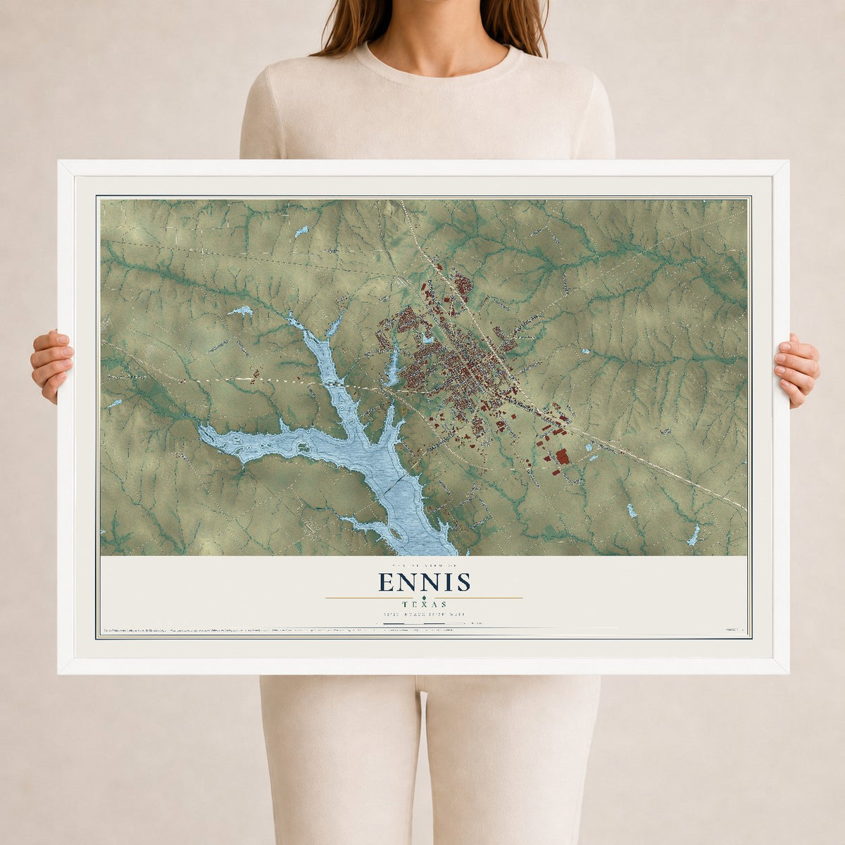 Map of Ennis, Texas, 24 x 36 inch print in a white wood frame