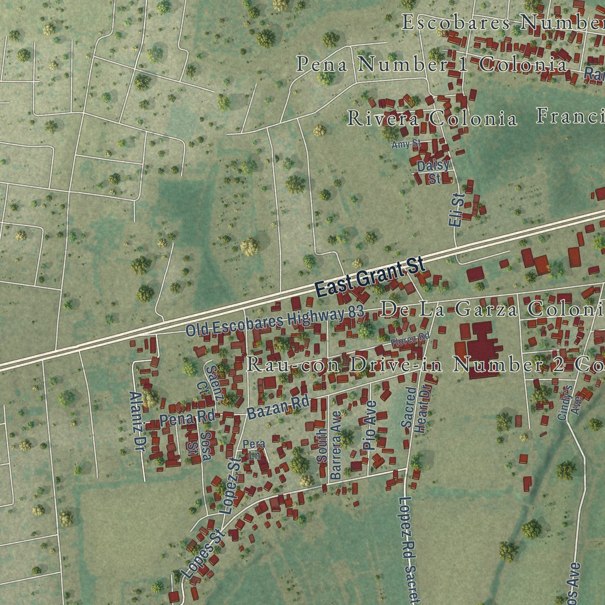 Close-up of the map of Escobares, Texas print showing street and building detail