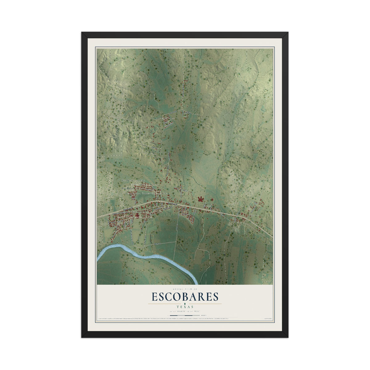 Map of Escobares, Texas, 12 x 18 inch print in a black wood frame