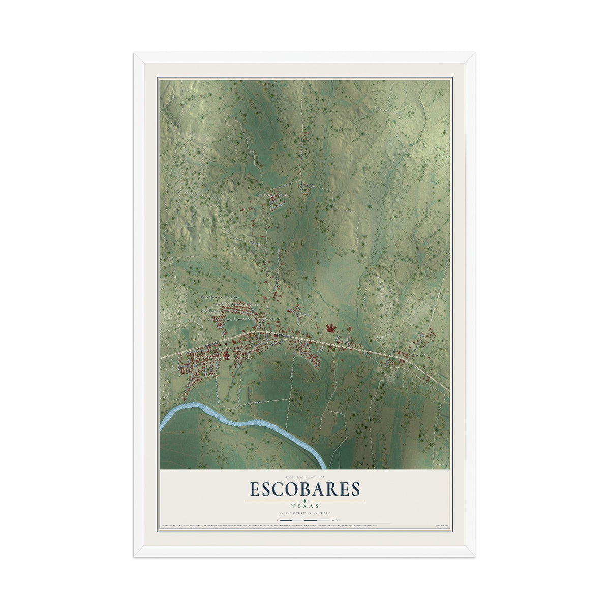 Map of Escobares, Texas, 12 x 18 inch print in a white wood frame