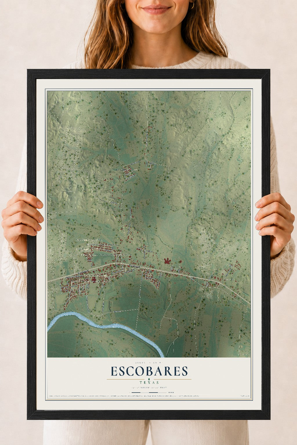 Map of Escobares, Texas, 18 x 24 inch print in a black wood frame