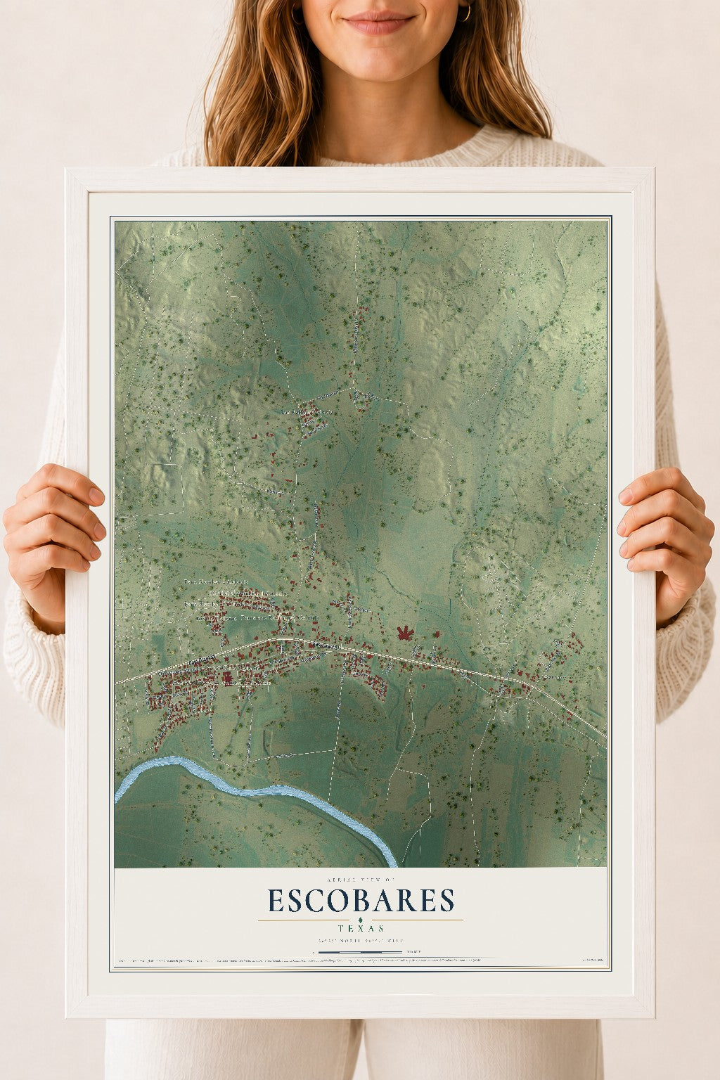 Map of Escobares, Texas, 18 x 24 inch print in a white wood frame