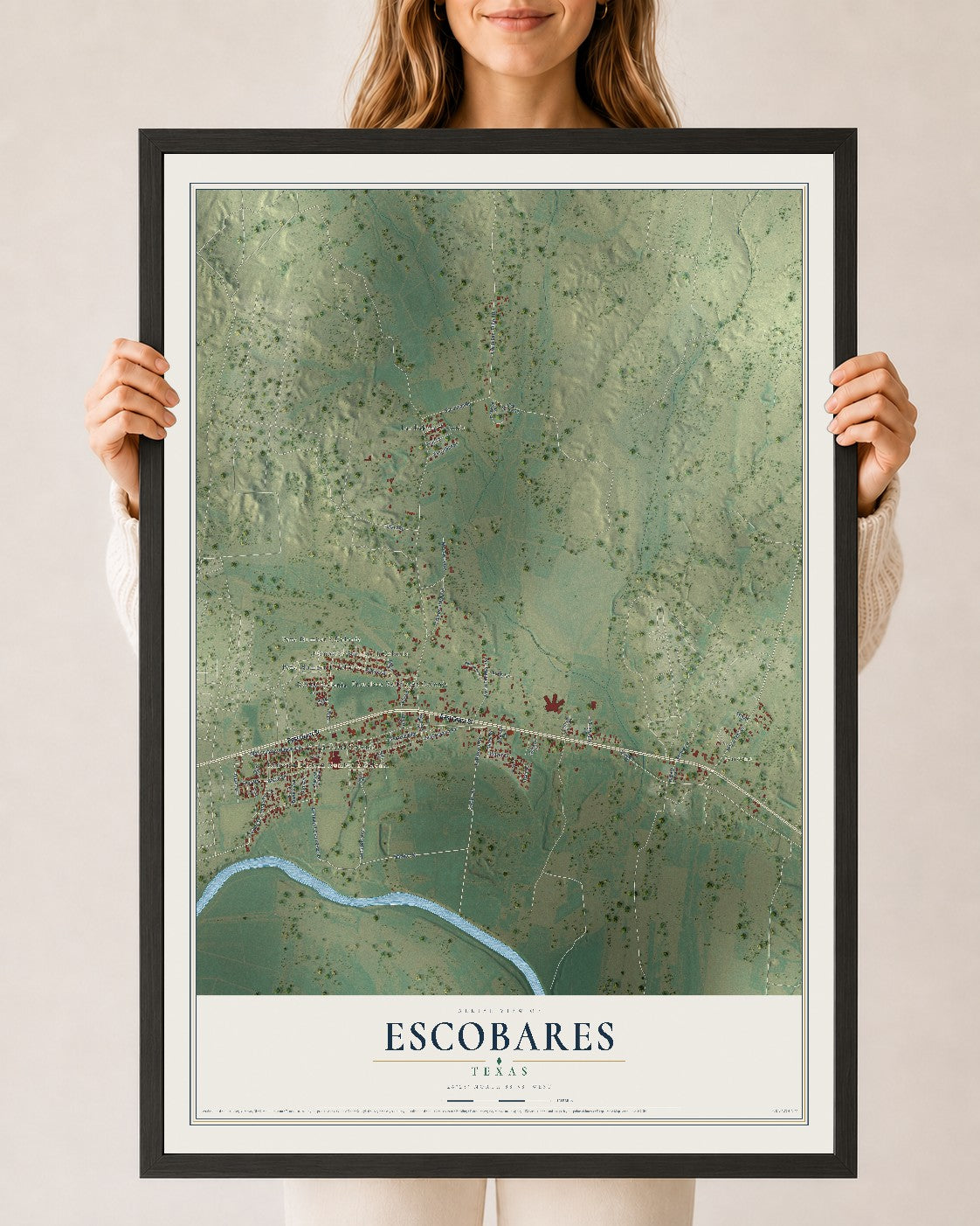 Map of Escobares, Texas, 24 x 36 inch print in a black wood frame