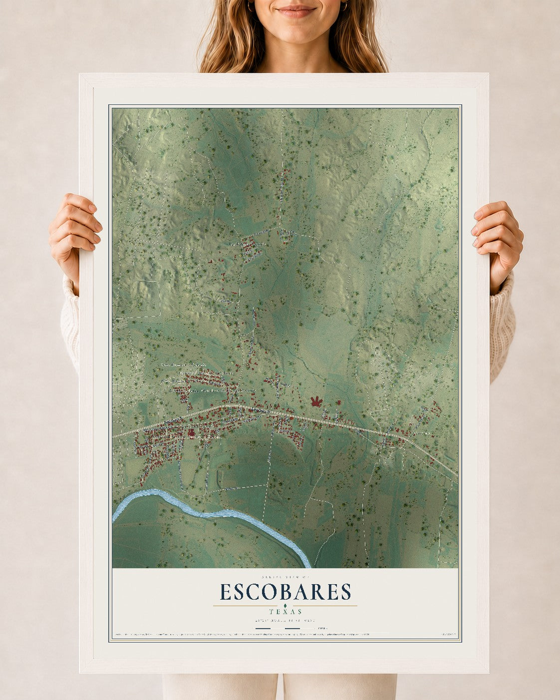 Map of Escobares, Texas, 24 x 36 inch print in a white wood frame