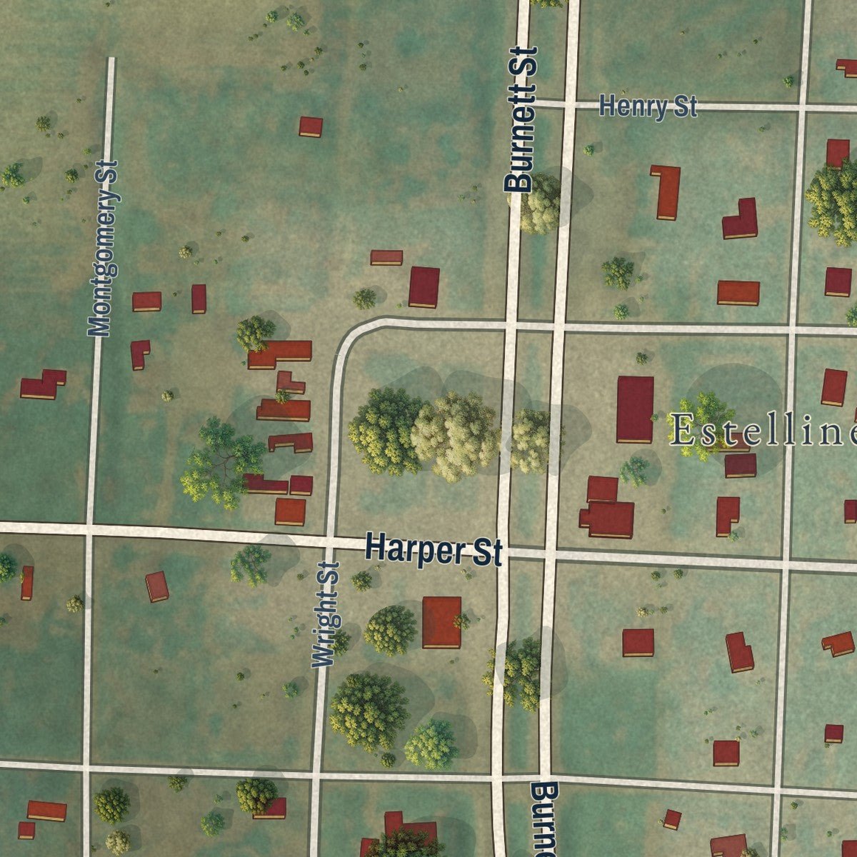 Close-up of the map of Estelline, Texas print showing street and building detail
