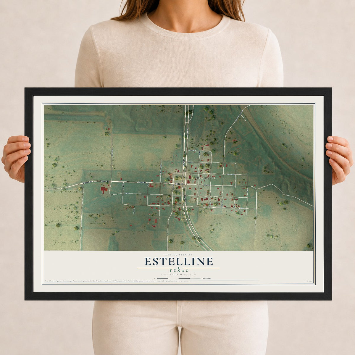Map of Estelline, Texas, 12 x 18 inch print in a black wood frame