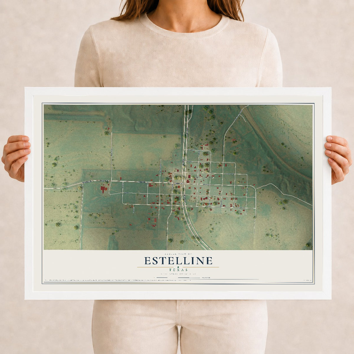Map of Estelline, Texas, 12 x 18 inch print in a white wood frame