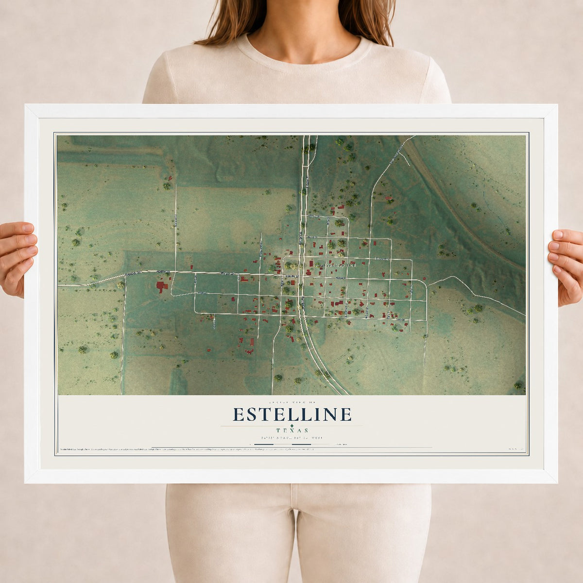 Map of Estelline, Texas, 18 x 24 inch print in a white wood frame