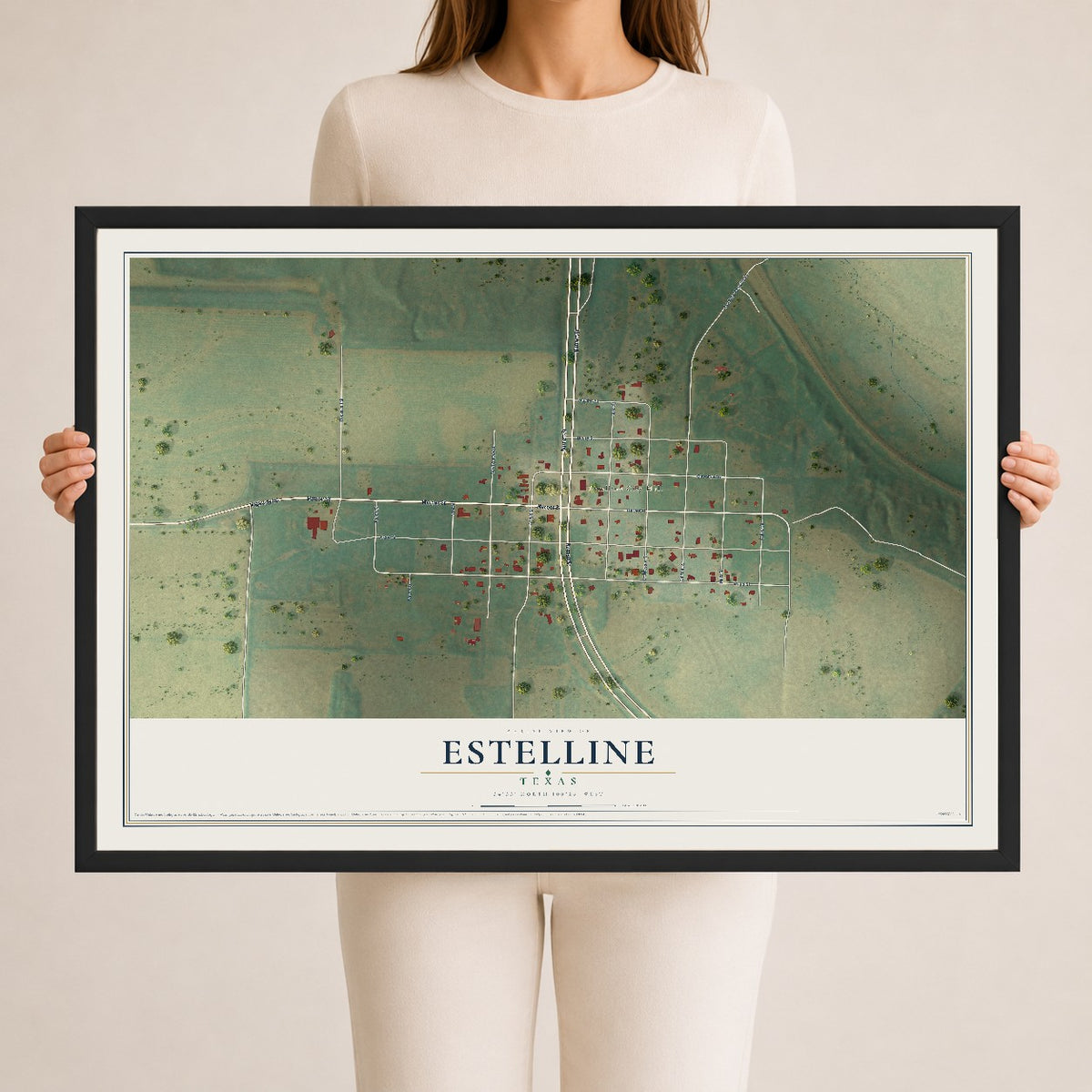 Map of Estelline, Texas, 24 x 36 inch print in a black wood frame