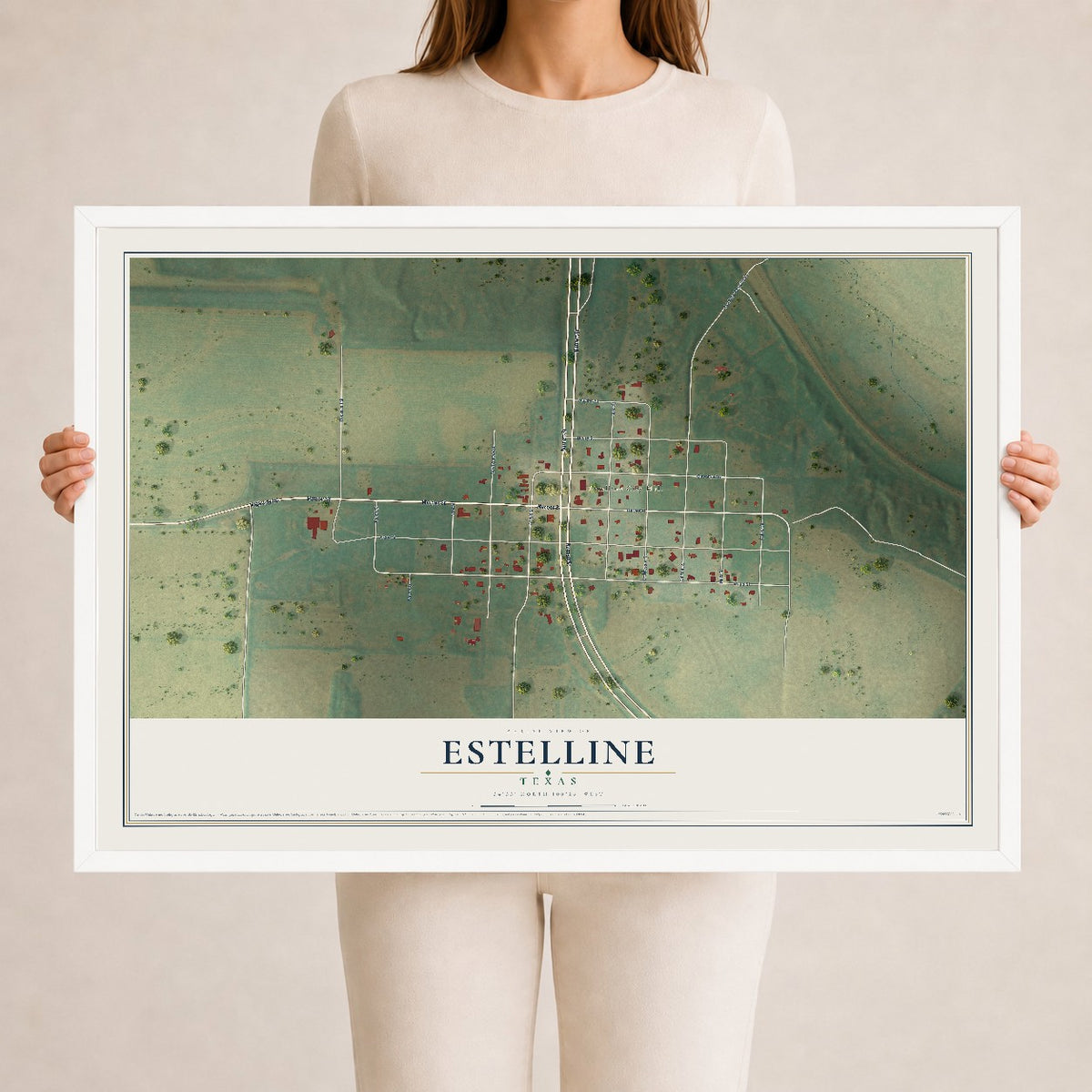 Map of Estelline, Texas, 24 x 36 inch print in a white wood frame