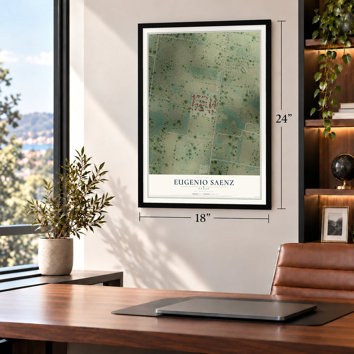 Eugenio Saenz, Texas map, 18 x 24 inch print in a black frame in a home office