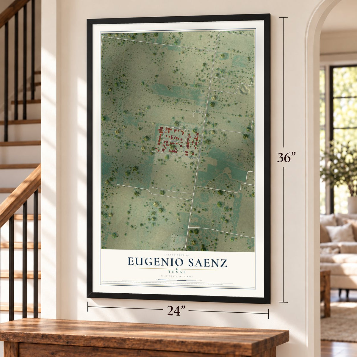 Eugenio Saenz, Texas map, 24 x 36 inch print in a black frame by a staircase