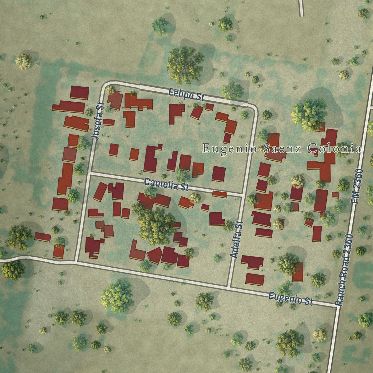 Close-up of the map of Eugenio Saenz, Texas print showing street and building detail
