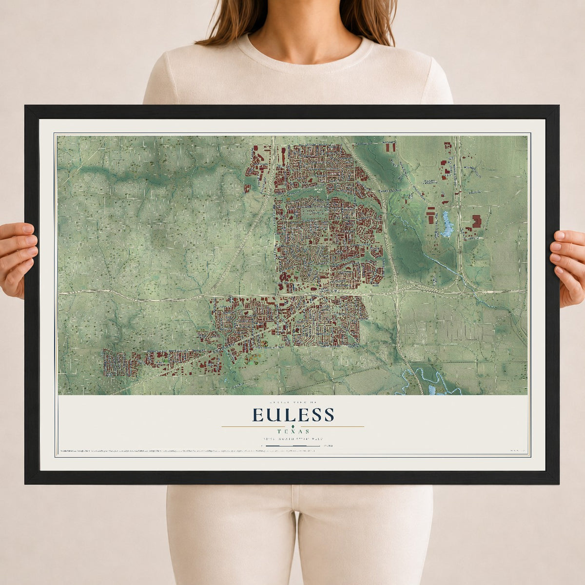 Map of Euless, Texas, 18 x 24 inch print in a black wood frame