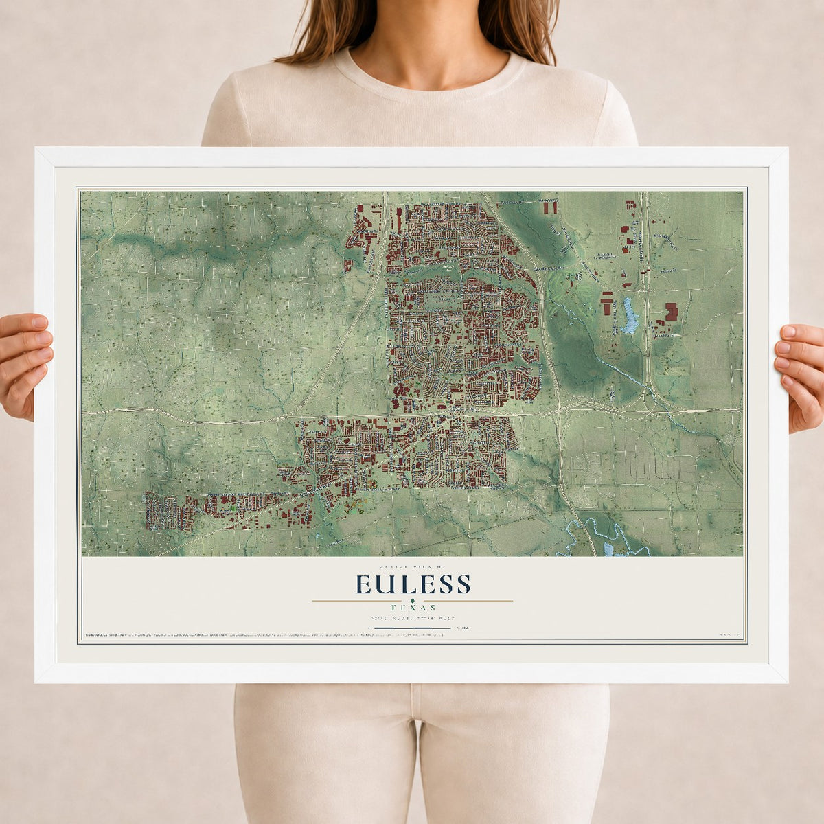Map of Euless, Texas, 18 x 24 inch print in a white wood frame