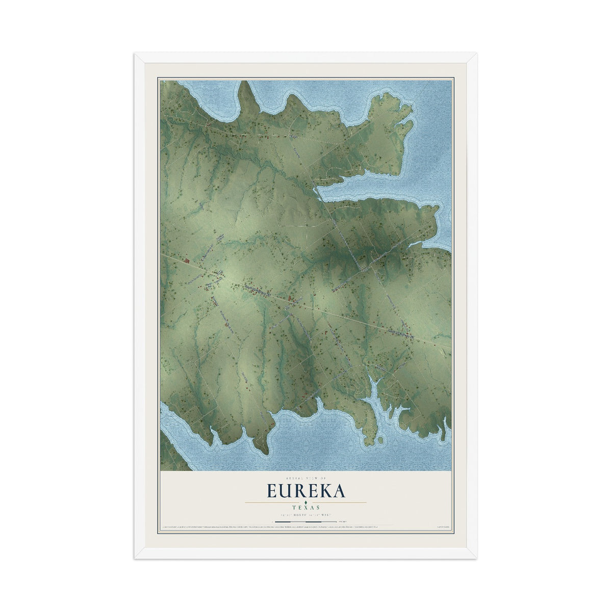 Map of Eureka, Texas, 12 x 18 inch print in a white wood frame