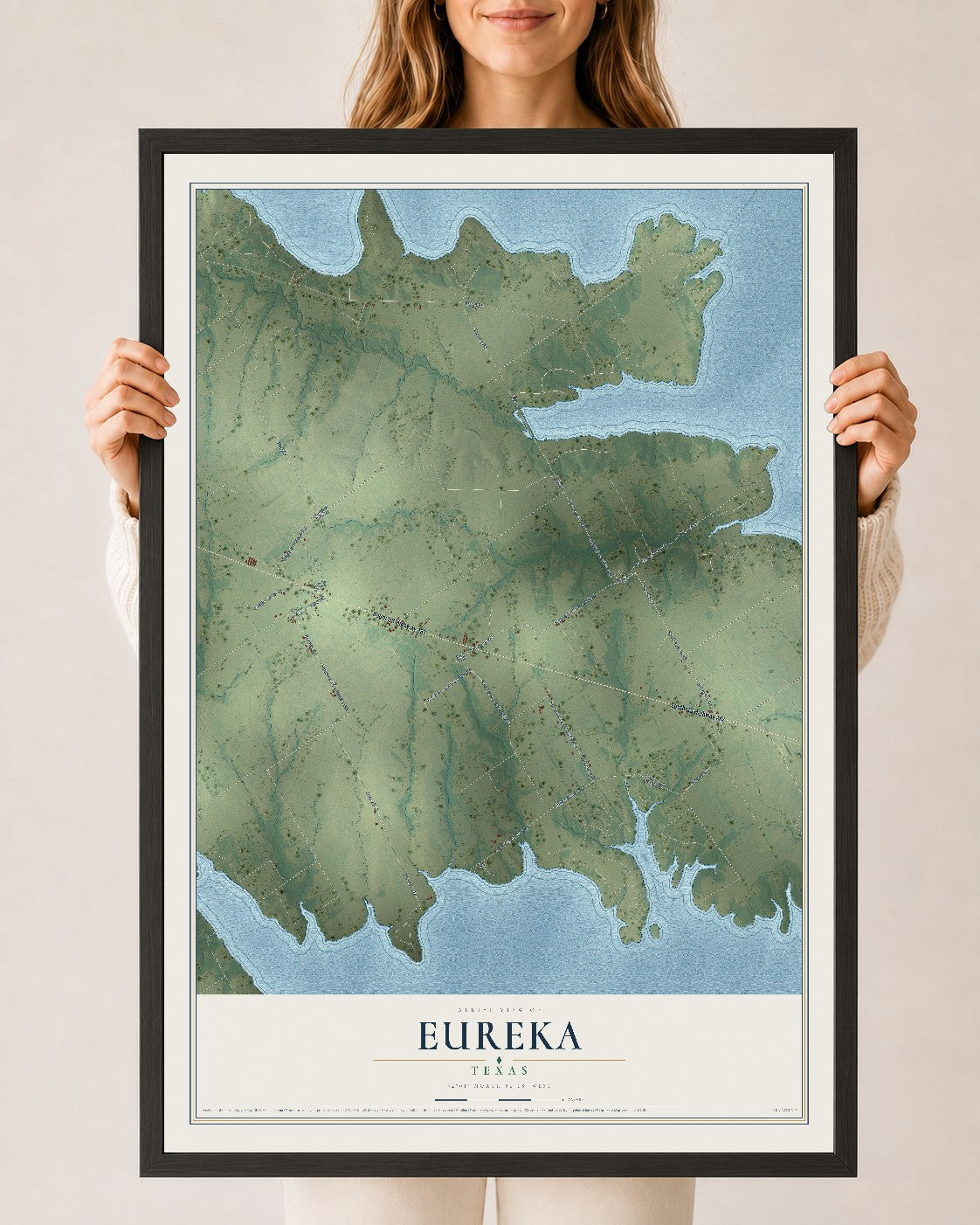 Map of Eureka, Texas, 24 x 36 inch print in a black wood frame