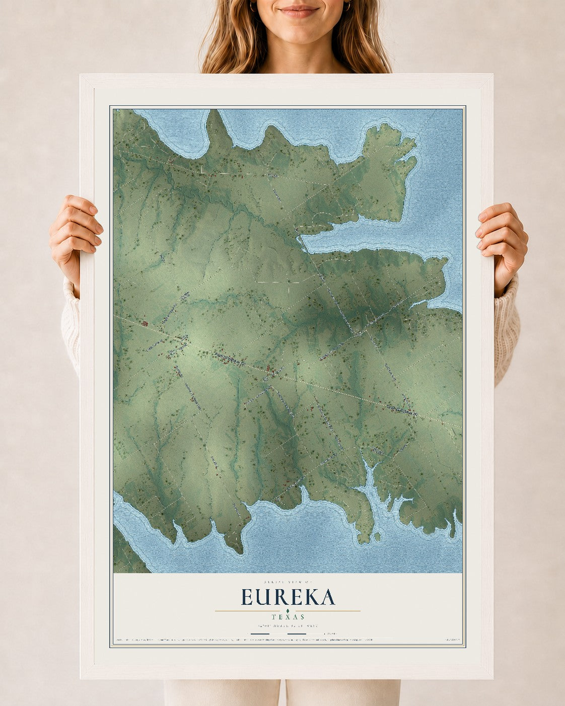 Map of Eureka, Texas, 24 x 36 inch print in a white wood frame