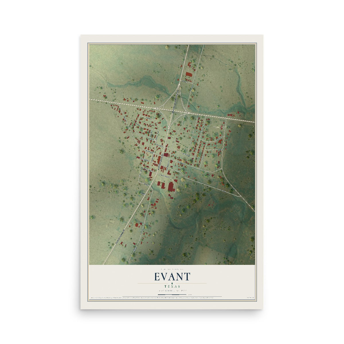 Map of Evant, Texas, 12 x 18 inch unframed archival matte print