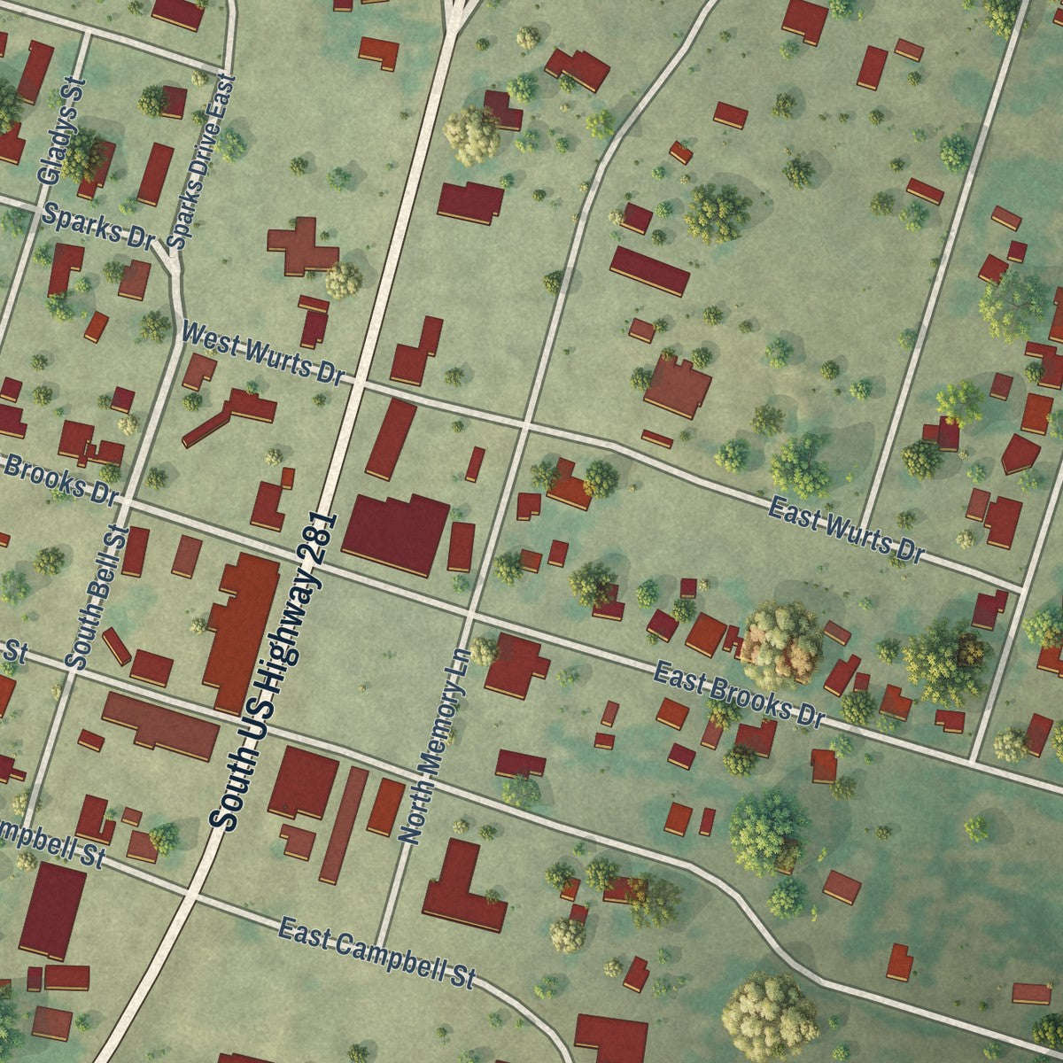 Close-up of the map of Evant, Texas print showing street and building detail