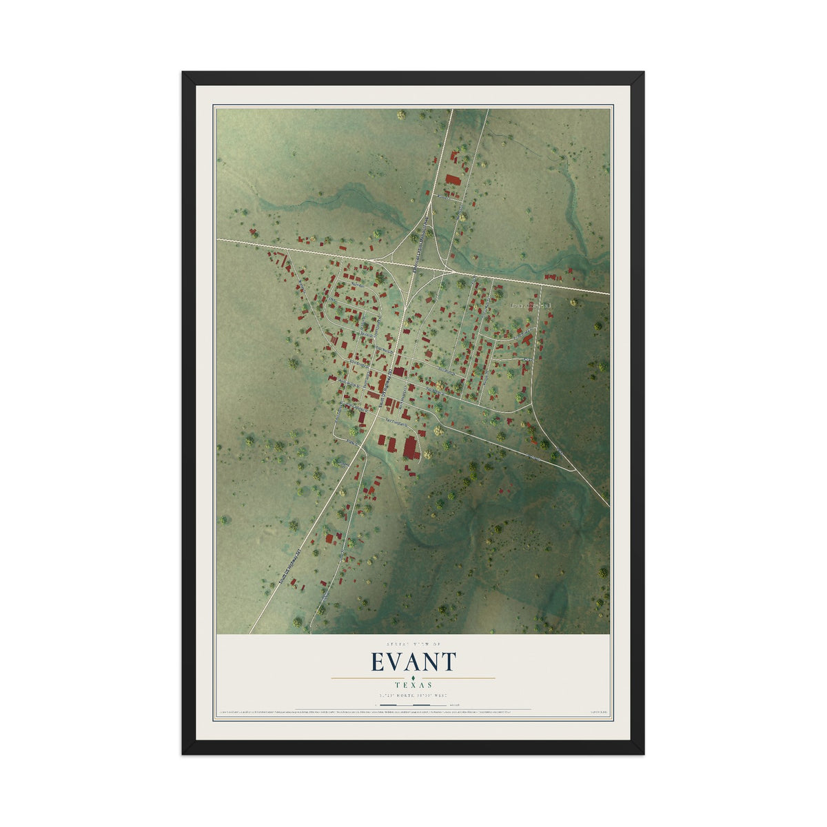 Map of Evant, Texas, 12 x 18 inch print in a black wood frame
