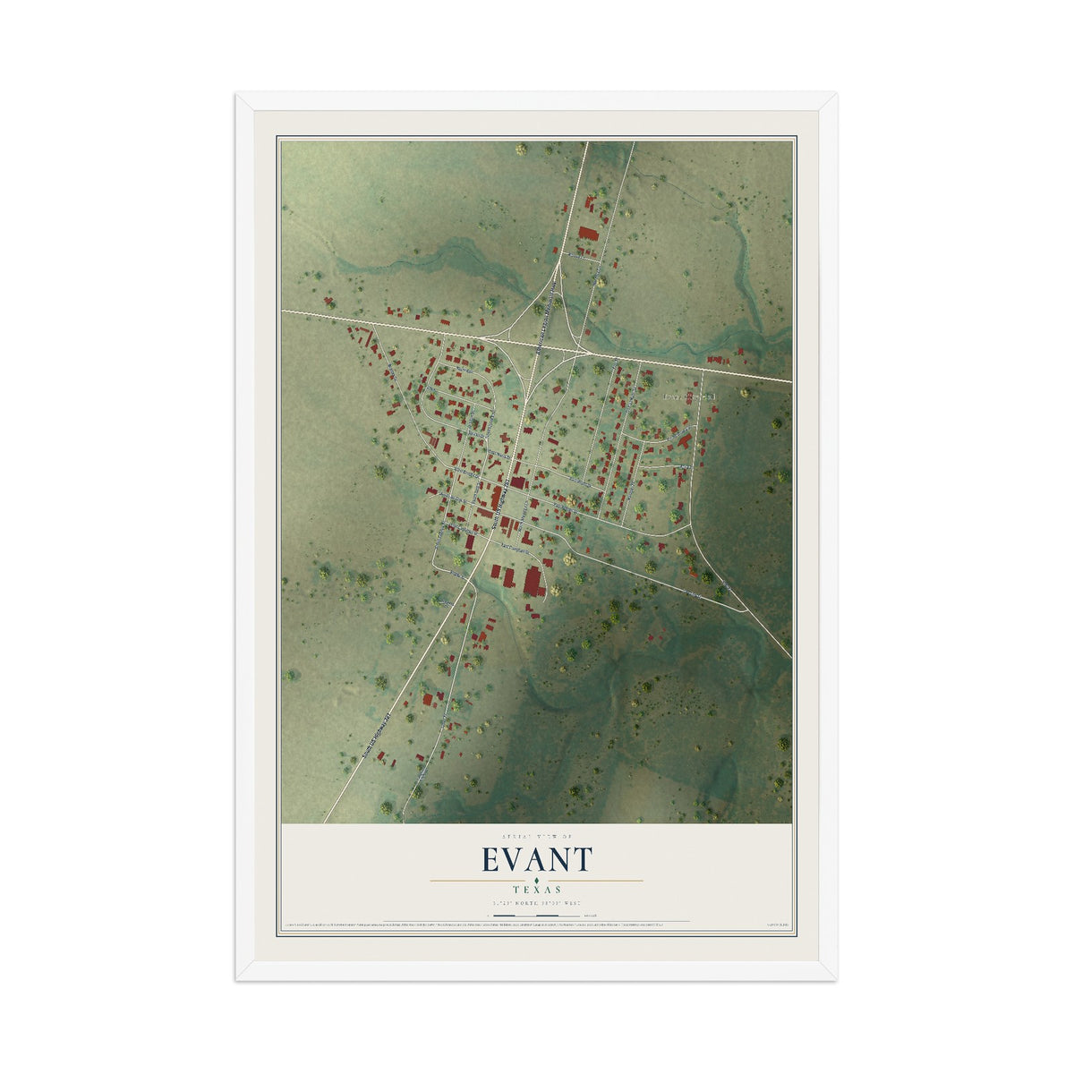 Map of Evant, Texas, 12 x 18 inch print in a white wood frame