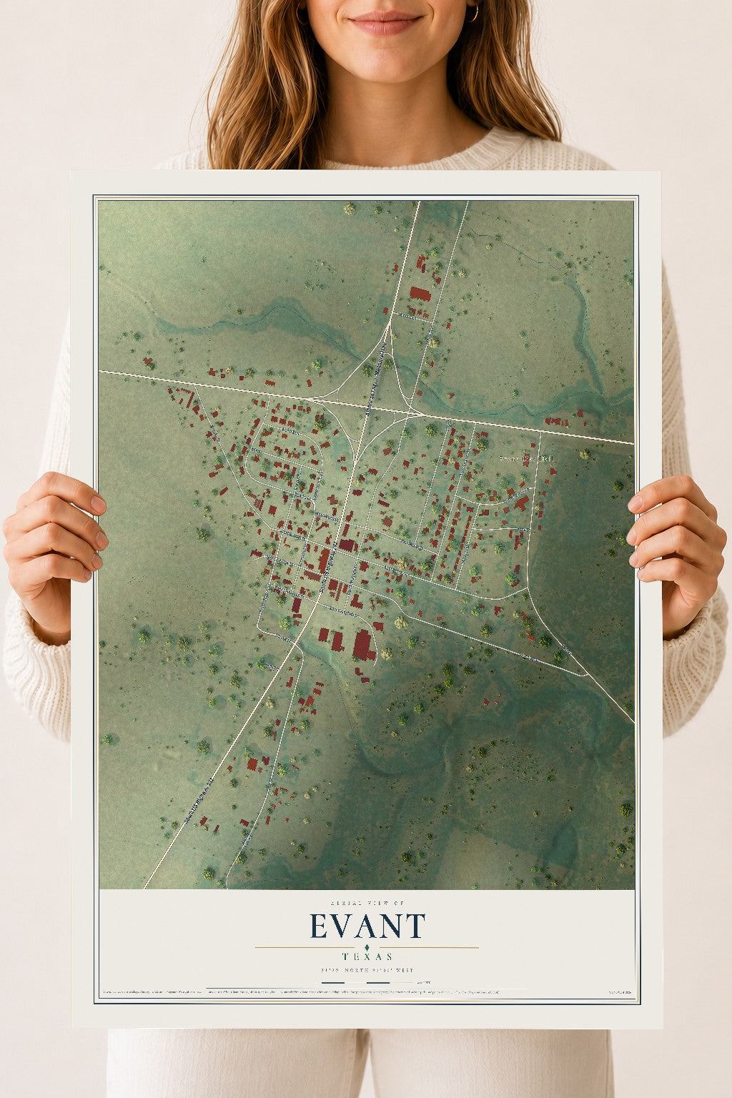 Map of Evant, Texas, 18 x 24 inch unframed archival matte print