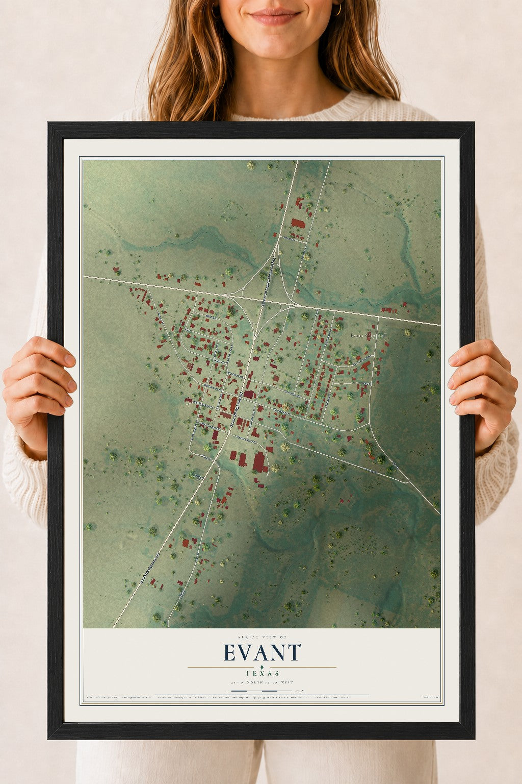 Map of Evant, Texas, 18 x 24 inch print in a black wood frame