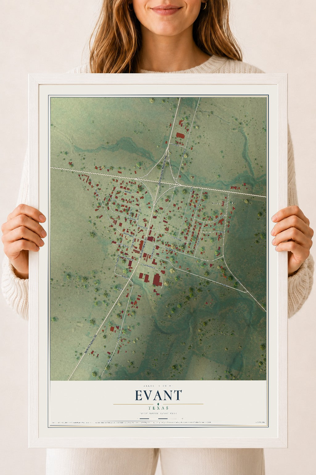 Map of Evant, Texas, 18 x 24 inch print in a white wood frame