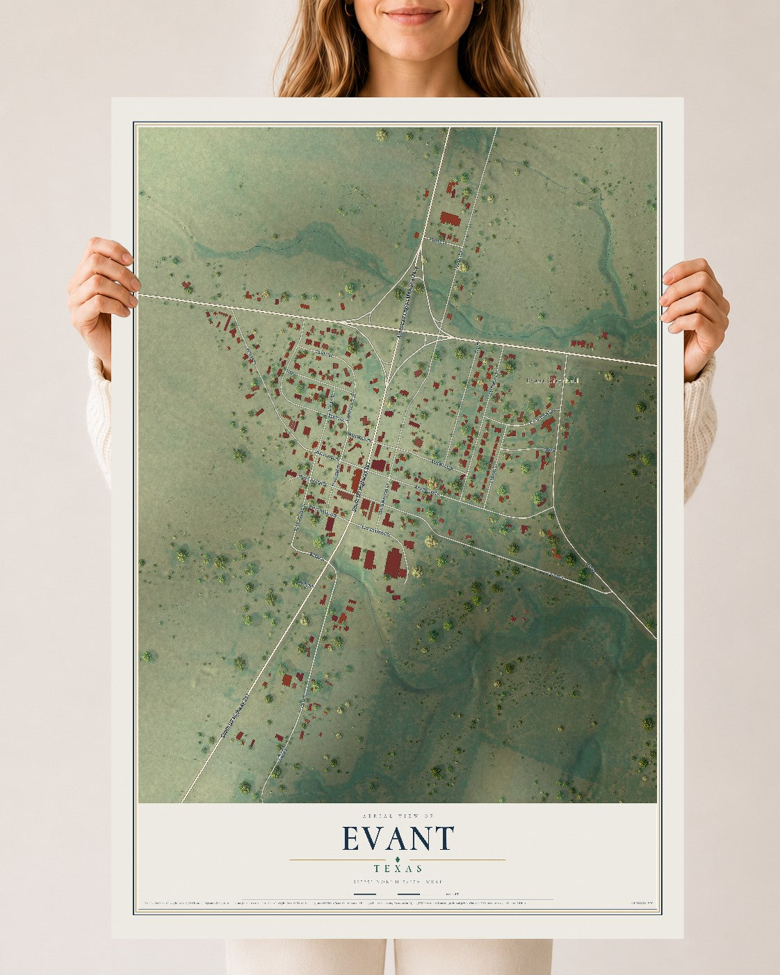 Map of Evant, Texas, 24 x 36 inch unframed archival matte print
