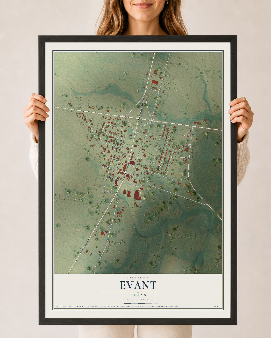 Map of Evant, Texas, 24 x 36 inch print in a black wood frame