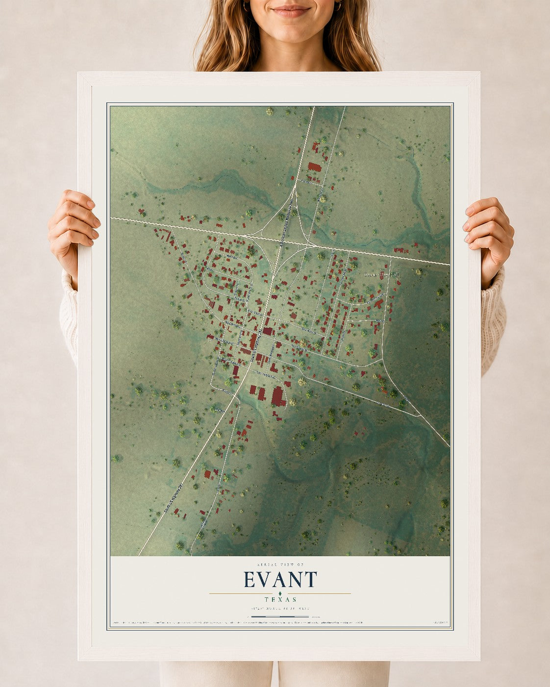 Map of Evant, Texas, 24 x 36 inch print in a white wood frame