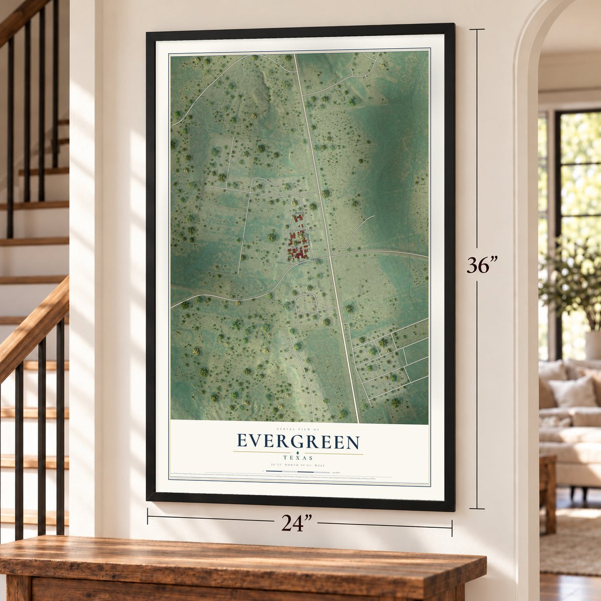 Evergreen, Texas map, 24 x 36 inch print in a black frame by a staircase