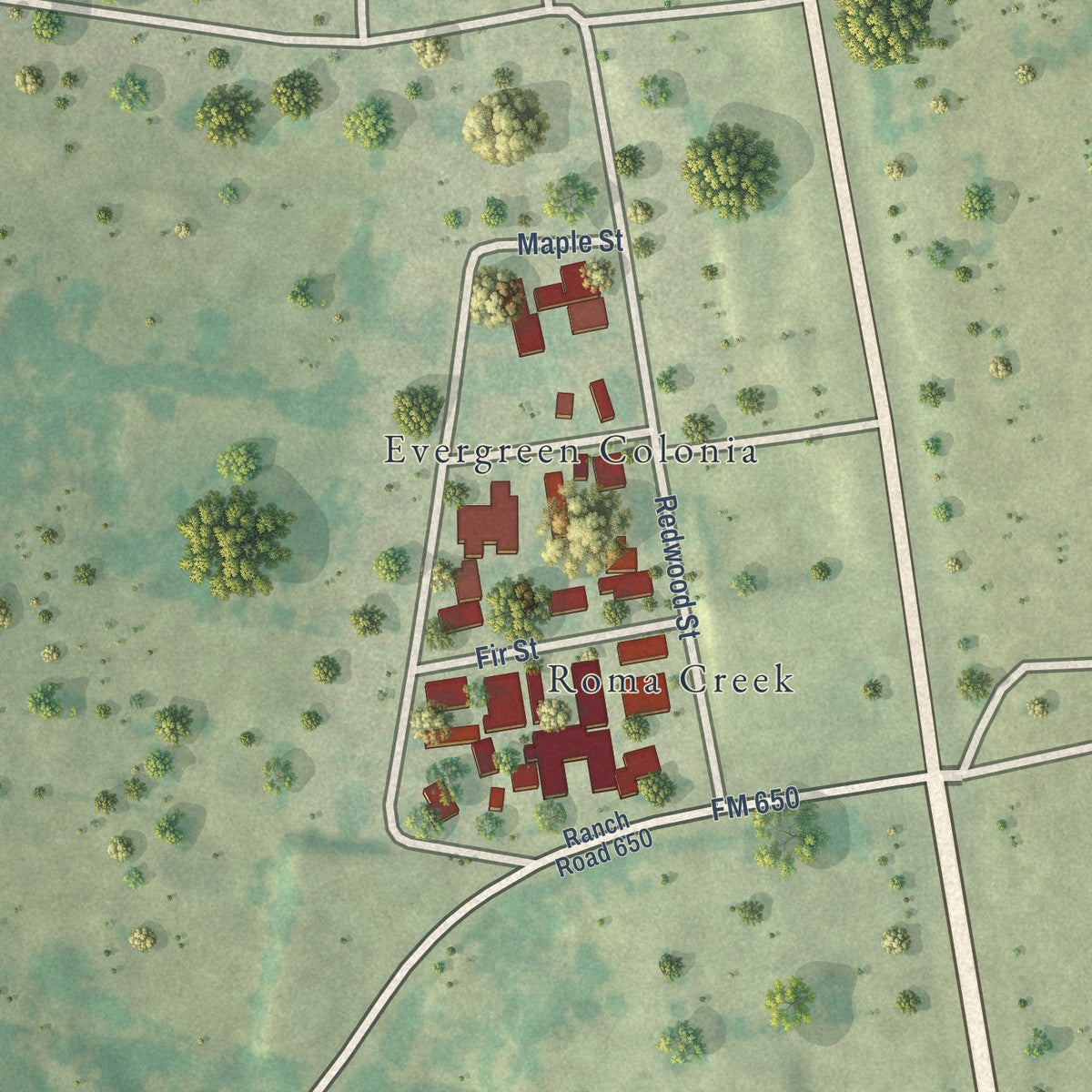 Close-up of the map of Evergreen, Texas print showing street and building detail