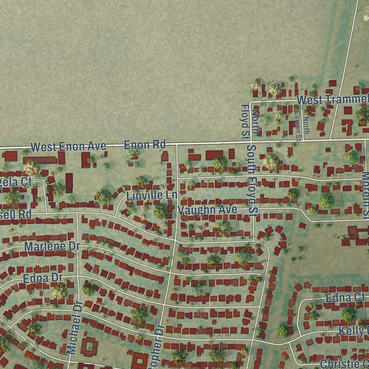 Close-up of the map of Everman, Texas print showing street and building detail
